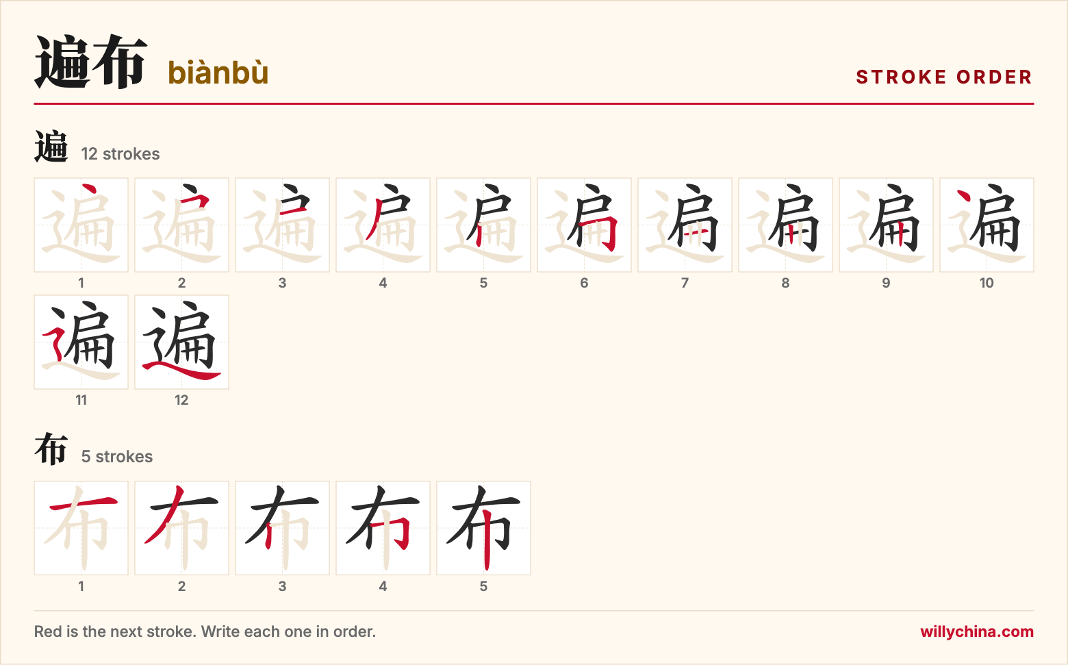 遍布 (biànbù) stroke order chart: each stroke of the characters in the order you write them