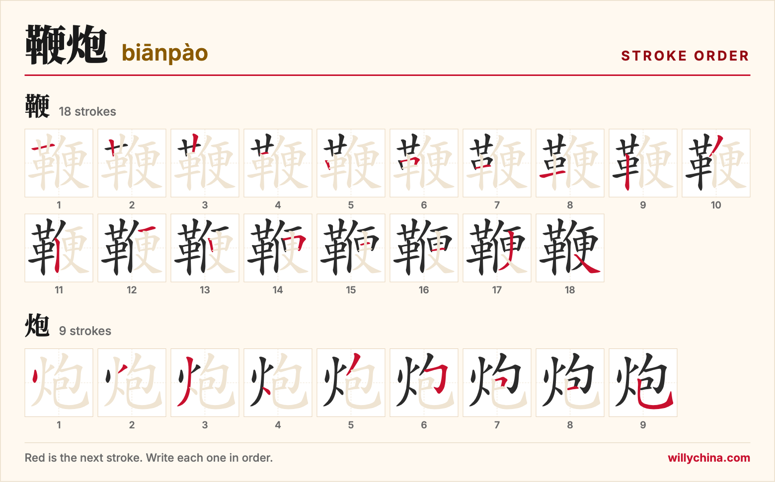 鞭炮 (biānpào) stroke order chart: each stroke of the characters in the order you write them