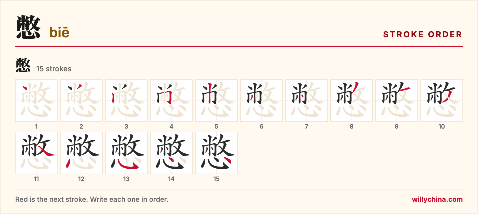 憋 (biē) stroke order chart: each stroke of the character in the order you write it