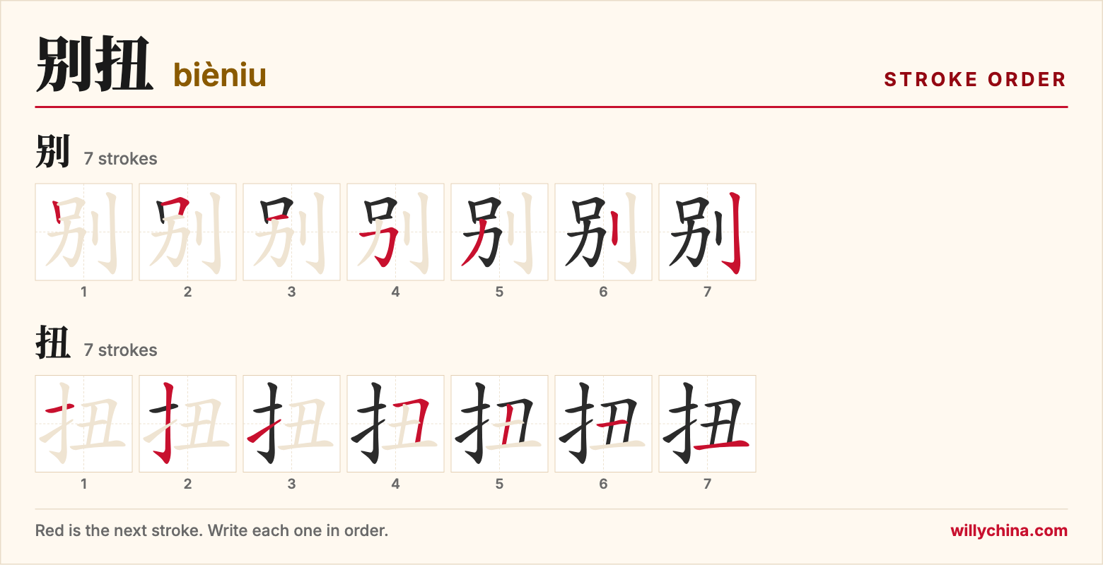 别扭 (bièniu) stroke order chart: each stroke of the characters in the order you write them