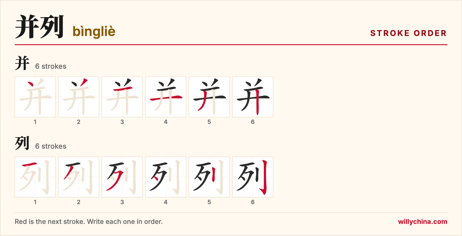 并列 (bìngliè) stroke order chart: each stroke of the characters in the order you write them