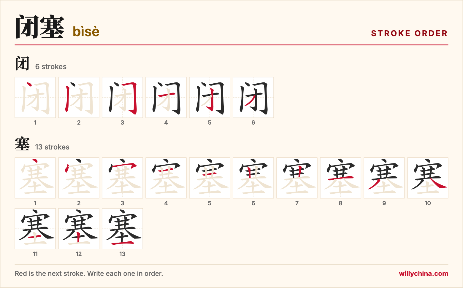 闭塞 (bìsè) stroke order chart: each stroke of the characters in the order you write them