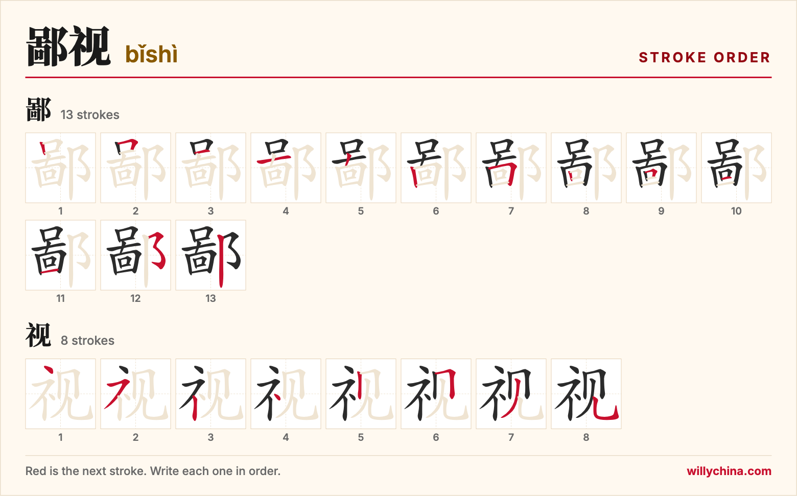 鄙视 (bǐshì) stroke order chart: each stroke of the characters in the order you write them