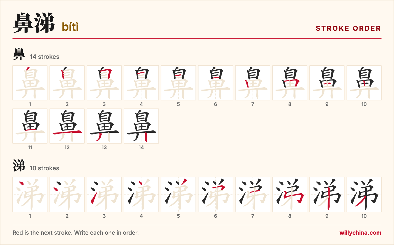 鼻涕 (bítì) stroke order chart: each stroke of the characters in the order you write them
