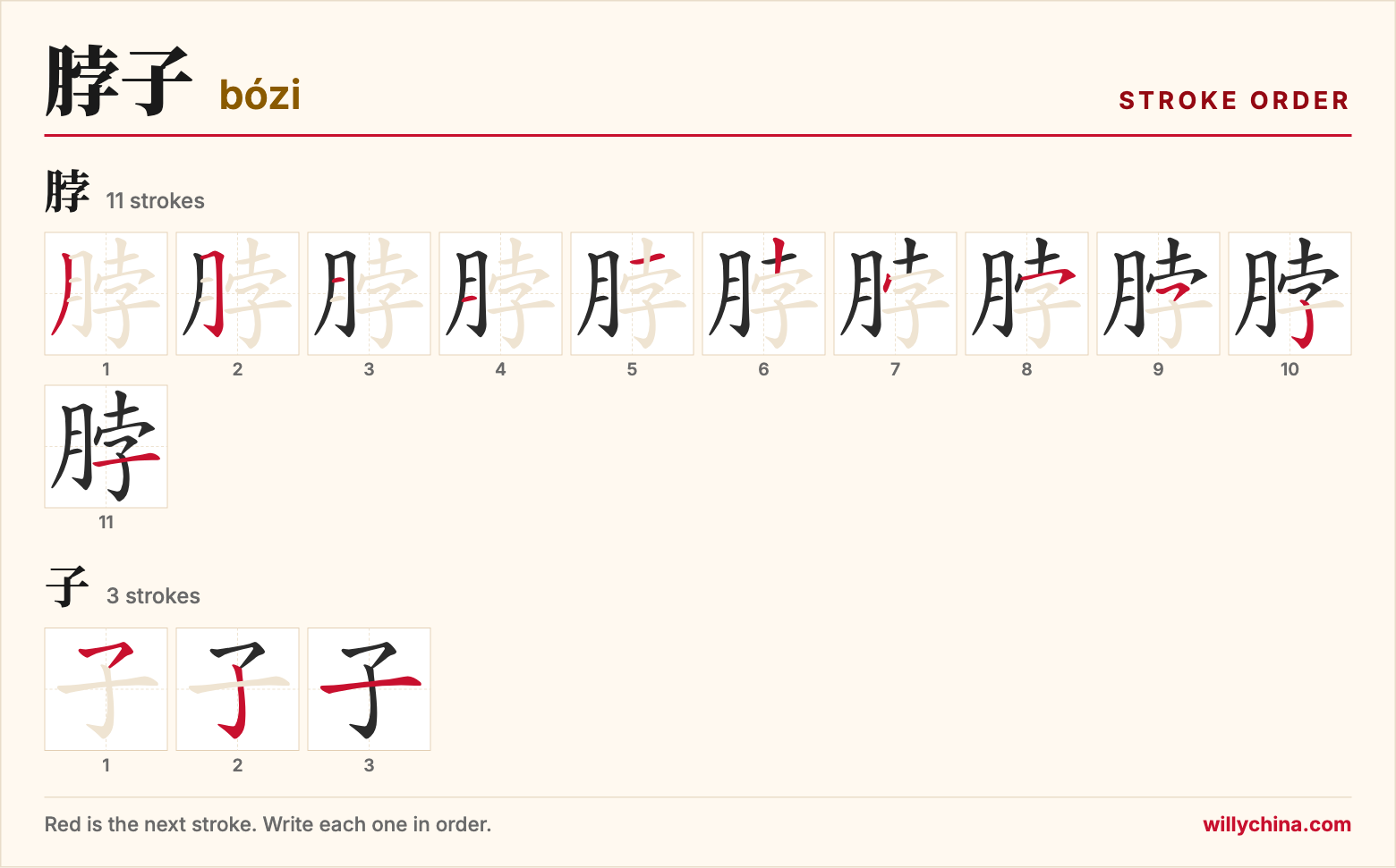 脖子 (bózi) stroke order chart: each stroke of the characters in the order you write them