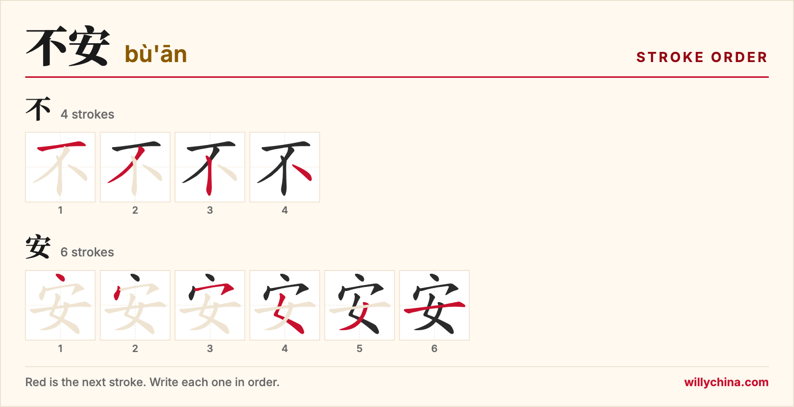 不安 (bù'ān) stroke order chart: each stroke of the characters in the order you write them