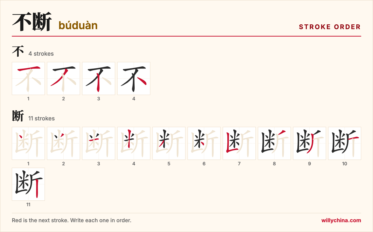 不断 (búduàn) stroke order chart: each stroke of the characters in the order you write them