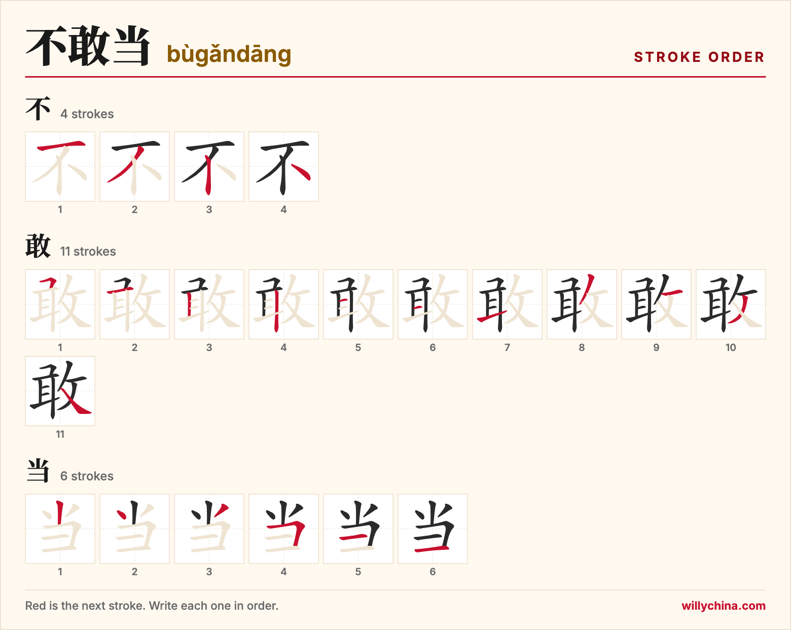 不敢当 (bùgǎndāng) stroke order chart: each stroke of the characters in the order you write them