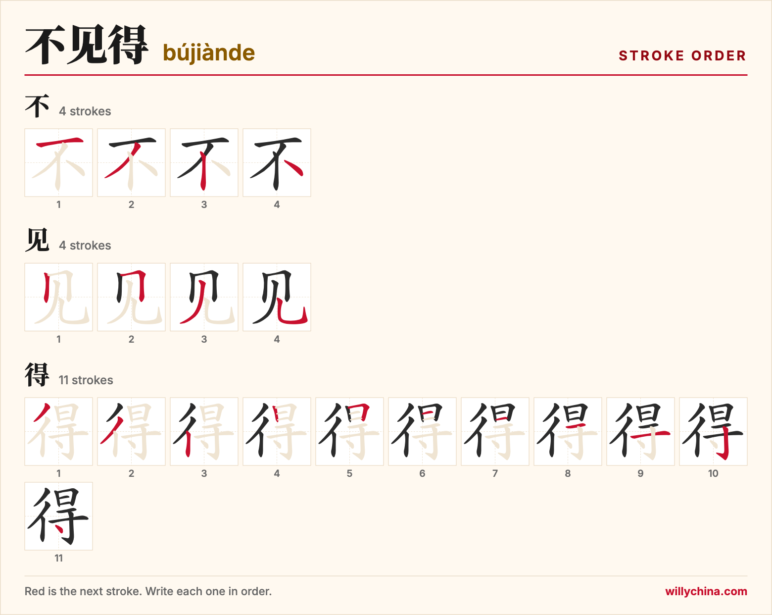 不见得 (bújiànde) stroke order chart: each stroke of the characters in the order you write them
