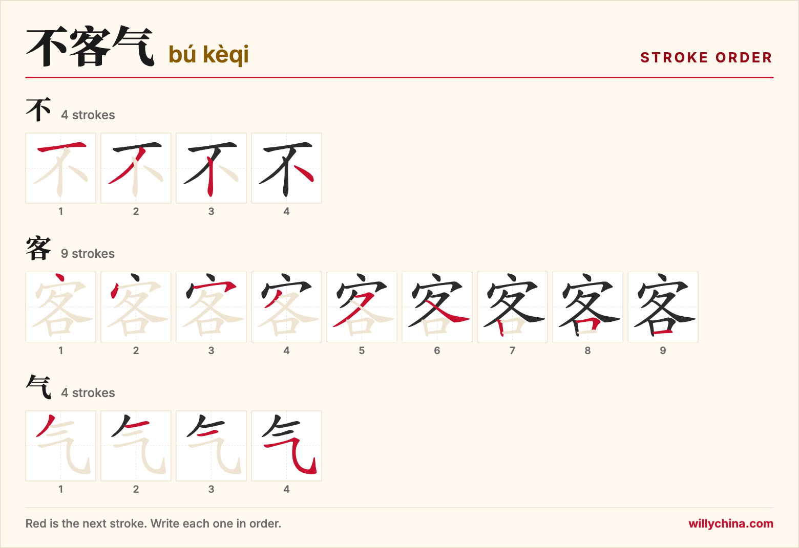 不客气 (bú kèqi) stroke order chart: each stroke of the characters in the order you write them