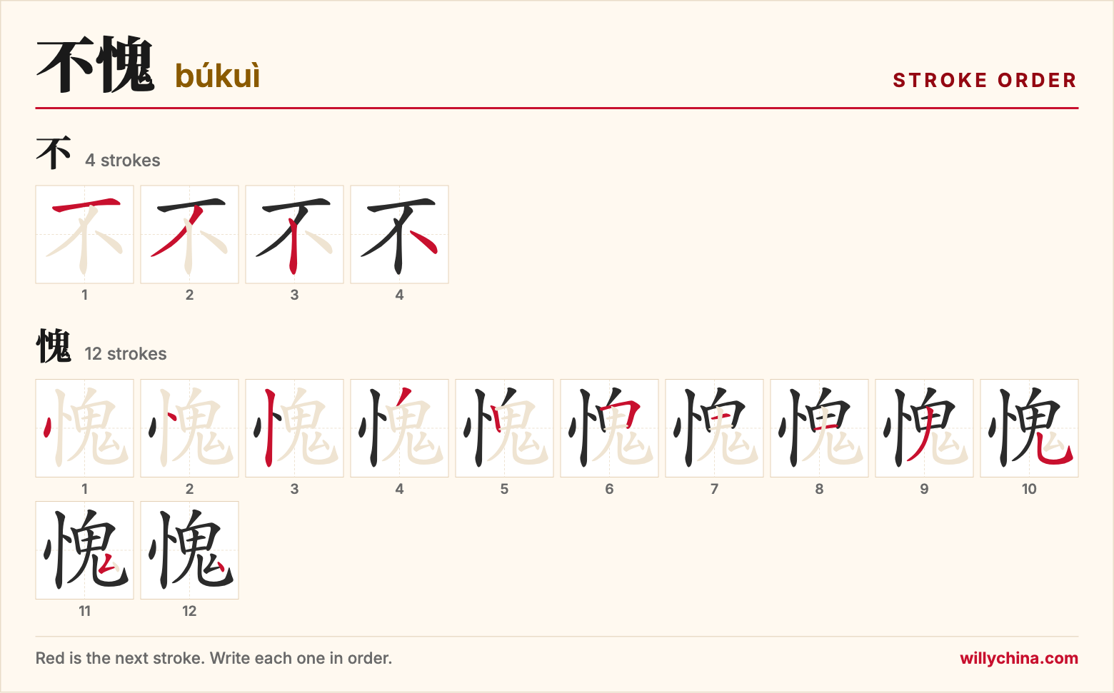 不愧 (búkuì) stroke order chart: each stroke of the characters in the order you write them