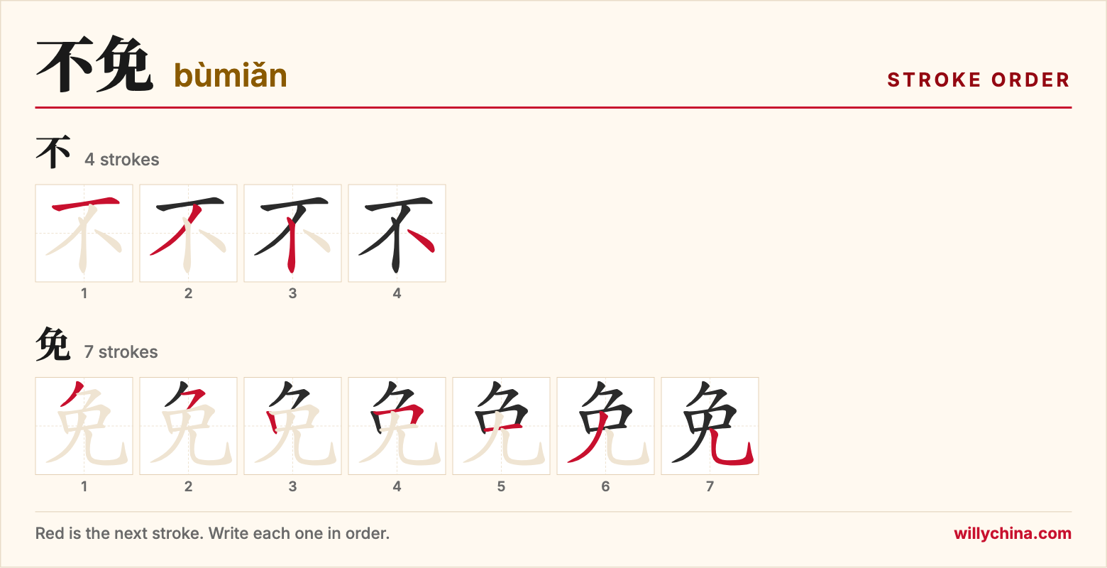 不免 (bùmiǎn) stroke order chart: each stroke of the characters in the order you write them