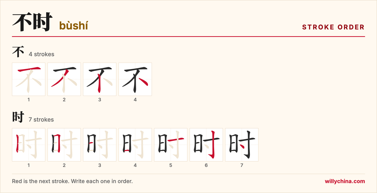 不时 (bùshí) stroke order chart: each stroke of the characters in the order you write them