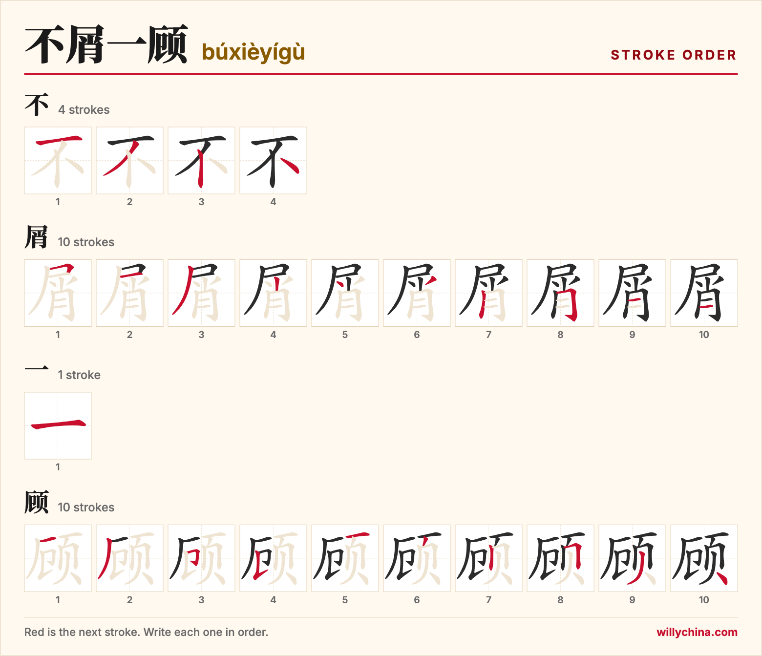 不屑一顾 (búxièyígù) stroke order chart: each stroke of the characters in the order you write them