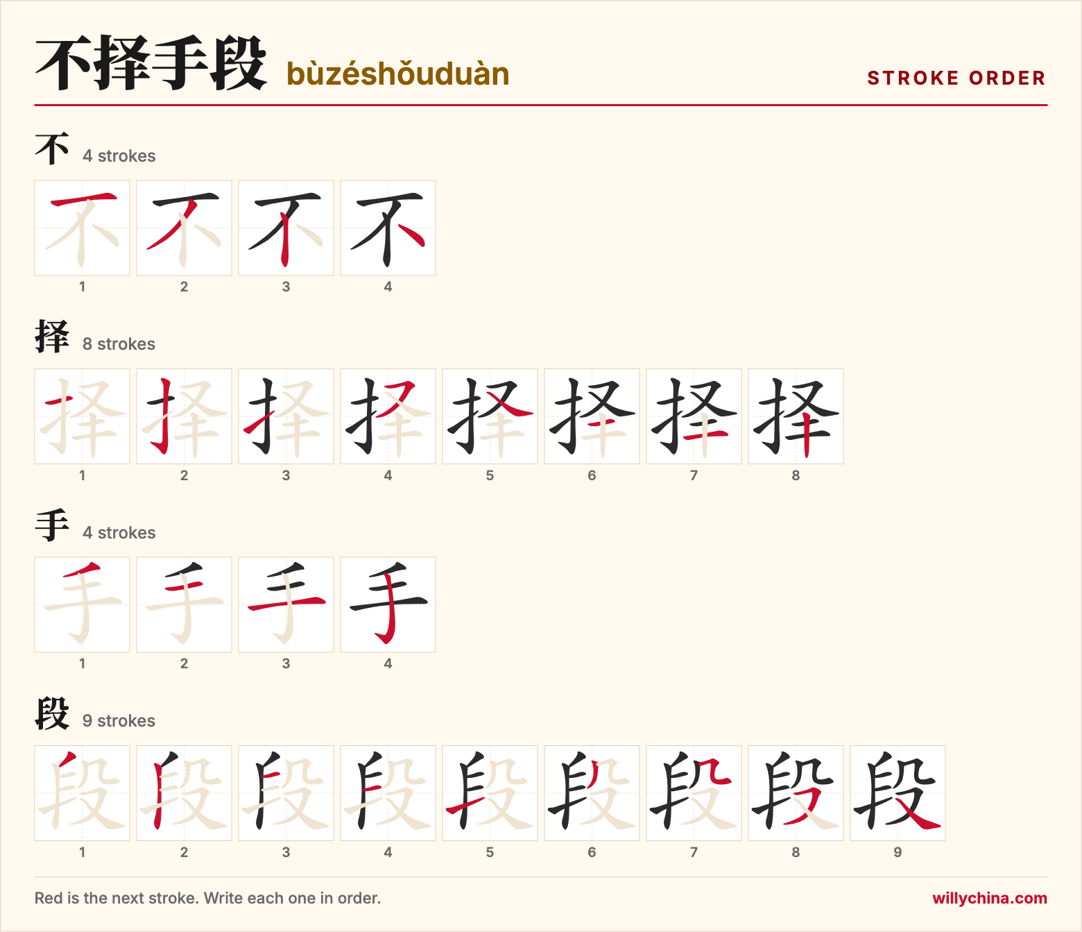 不择手段 (bùzéshǒuduàn) stroke order chart: each stroke of the characters in the order you write them