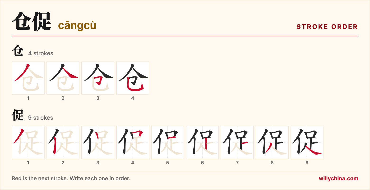 仓促 (cāngcù) stroke order chart: each stroke of the characters in the order you write them