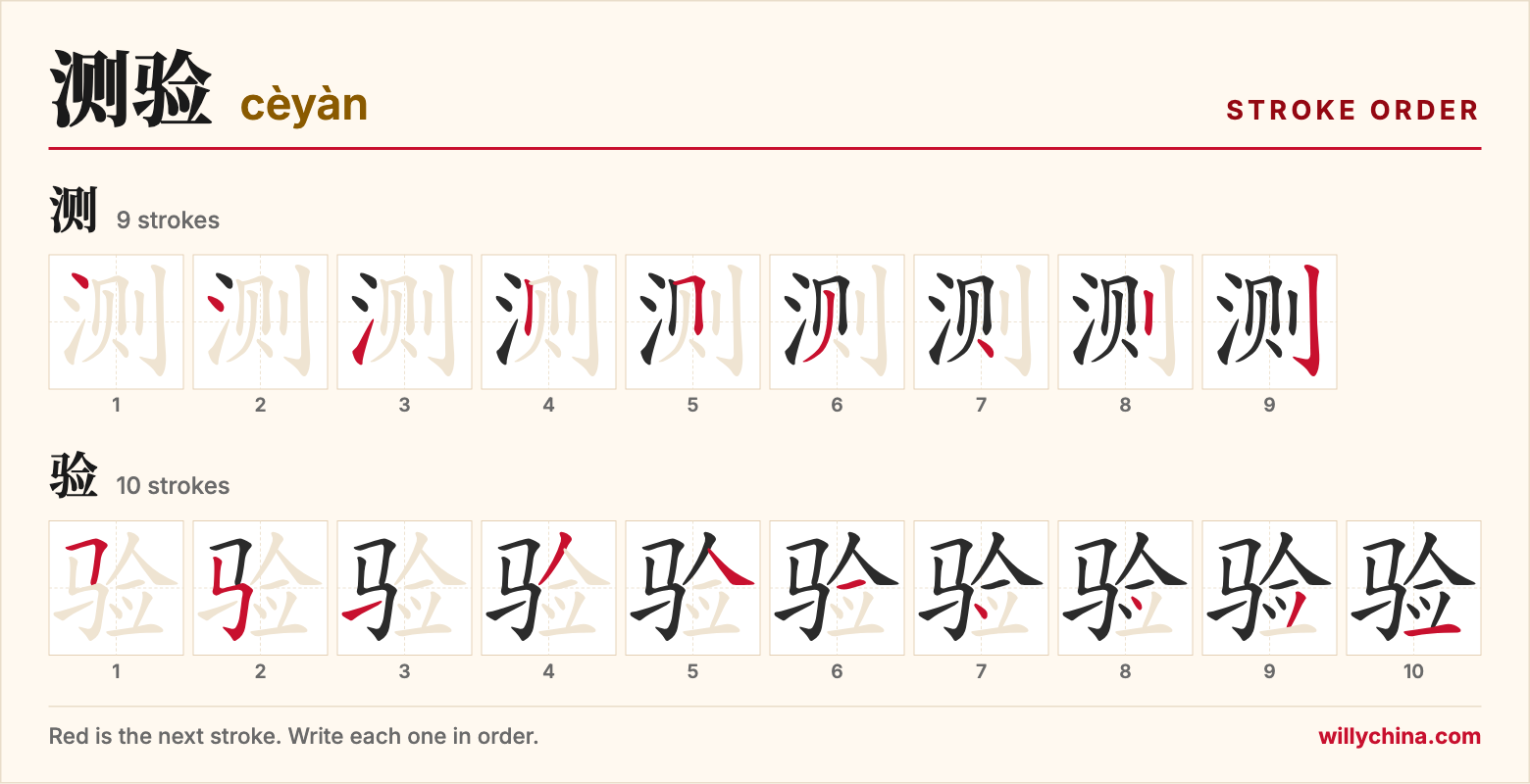 测验 (cèyàn) stroke order chart: each stroke of the characters in the order you write them