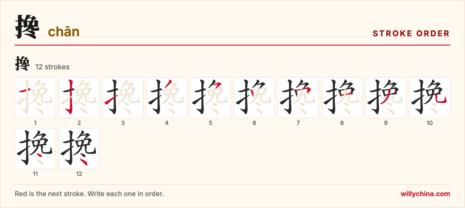 搀 (chān) stroke order chart: each stroke of the character in the order you write it