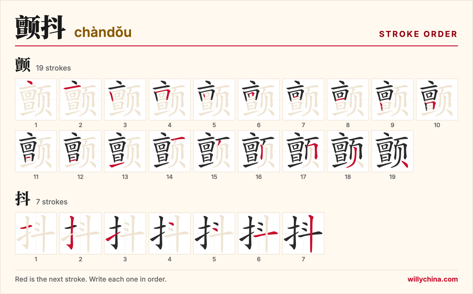 颤抖 (chàndǒu) stroke order chart: each stroke of the characters in the order you write them