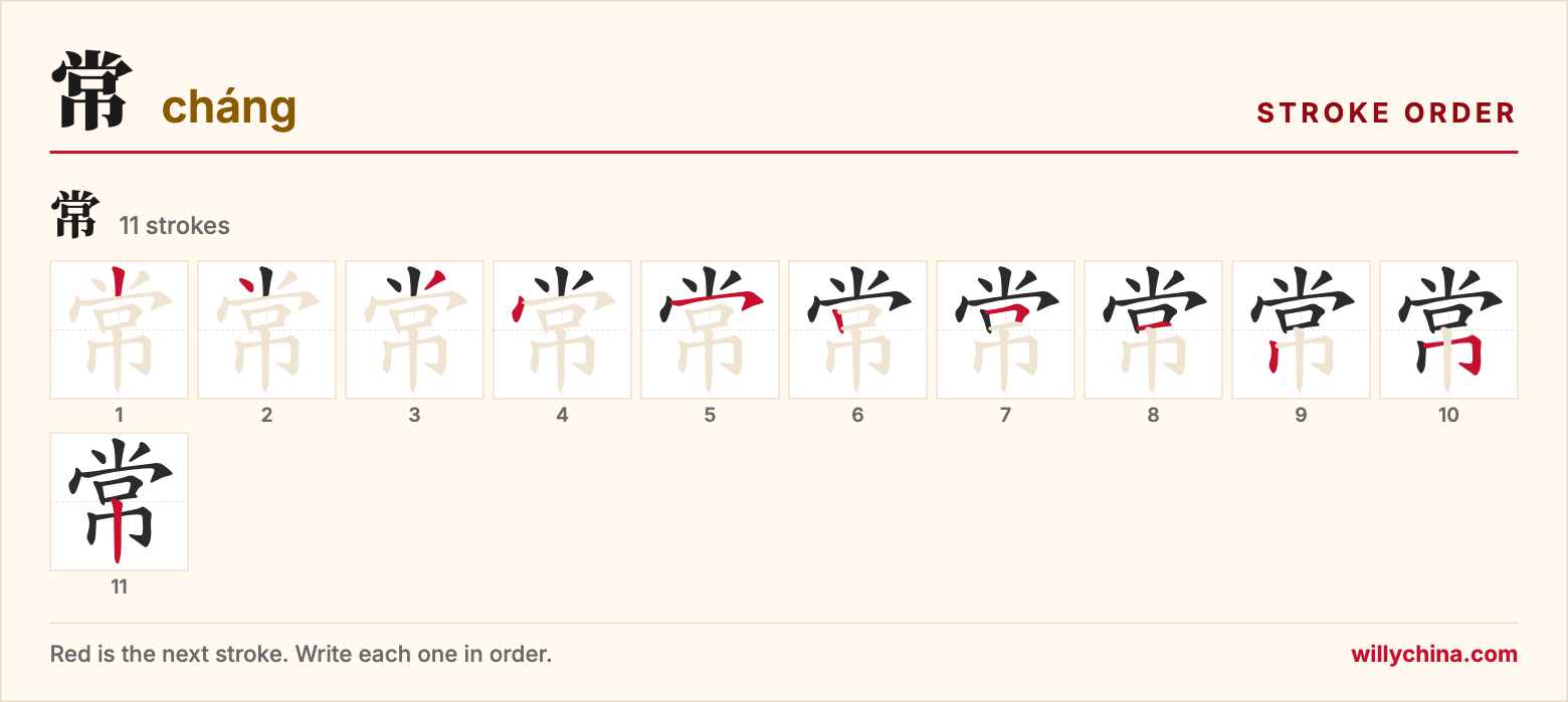常 (cháng) stroke order chart: each stroke of the character in the order you write it