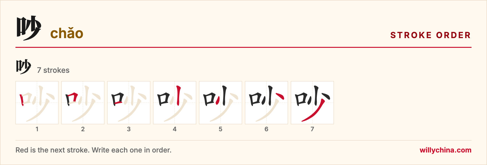 吵 (chǎo) stroke order chart: each stroke of the character in the order you write it