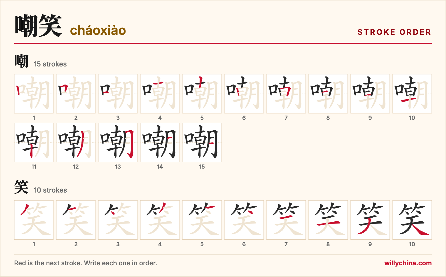 嘲笑 (cháoxiào) stroke order chart: each stroke of the characters in the order you write them