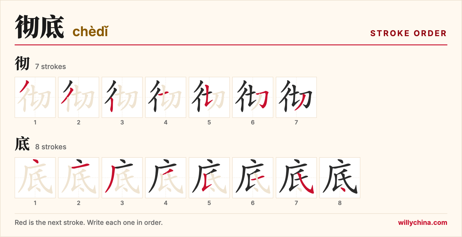 彻底 (chèdǐ) stroke order chart: each stroke of the characters in the order you write them
