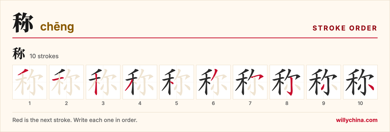 称 (chēng) stroke order chart: each stroke of the character in the order you write it