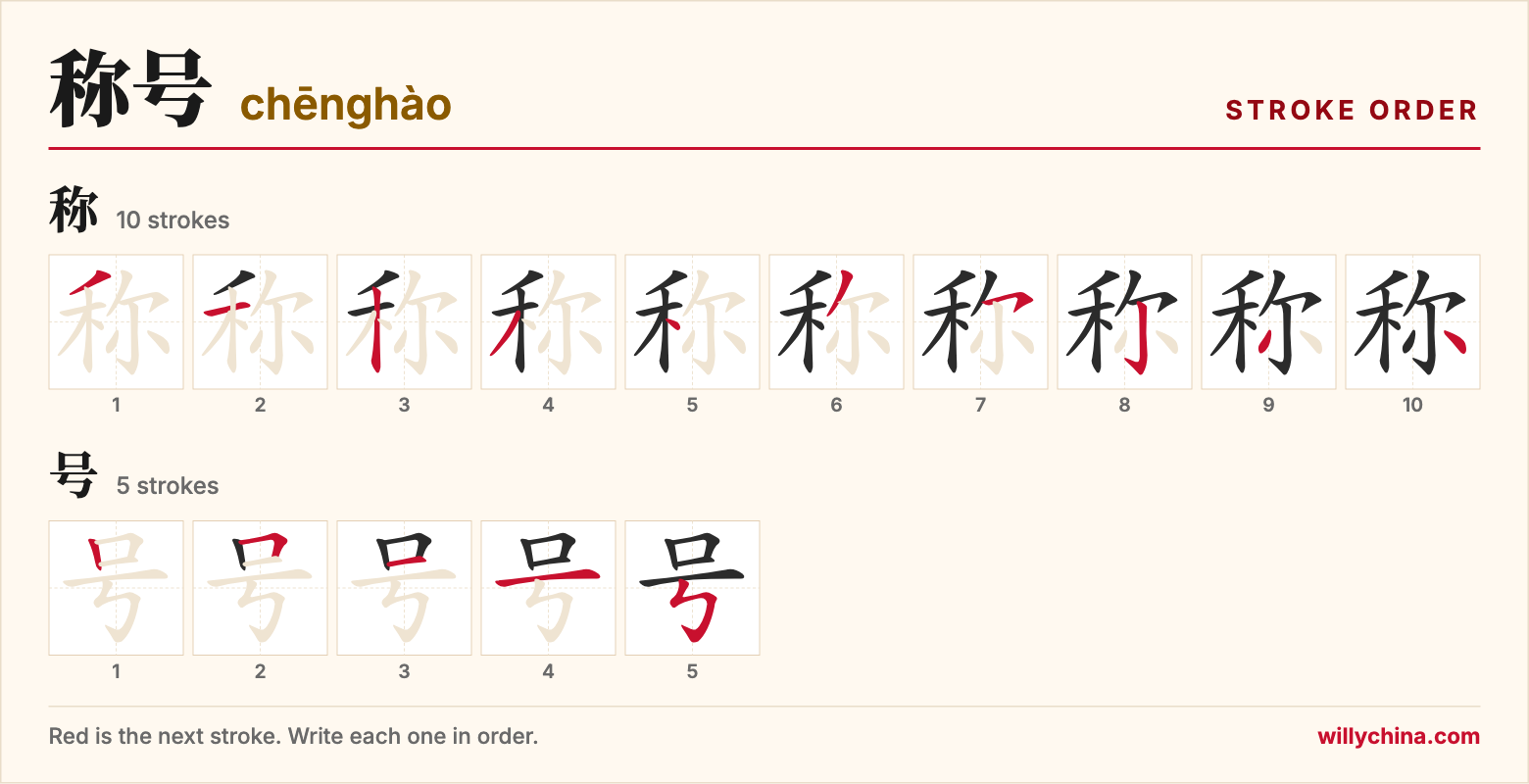 称号 (chēnghào) stroke order chart: each stroke of the characters in the order you write them