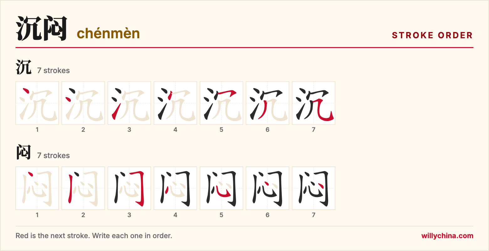 沉闷 (chénmèn) stroke order chart: each stroke of the characters in the order you write them