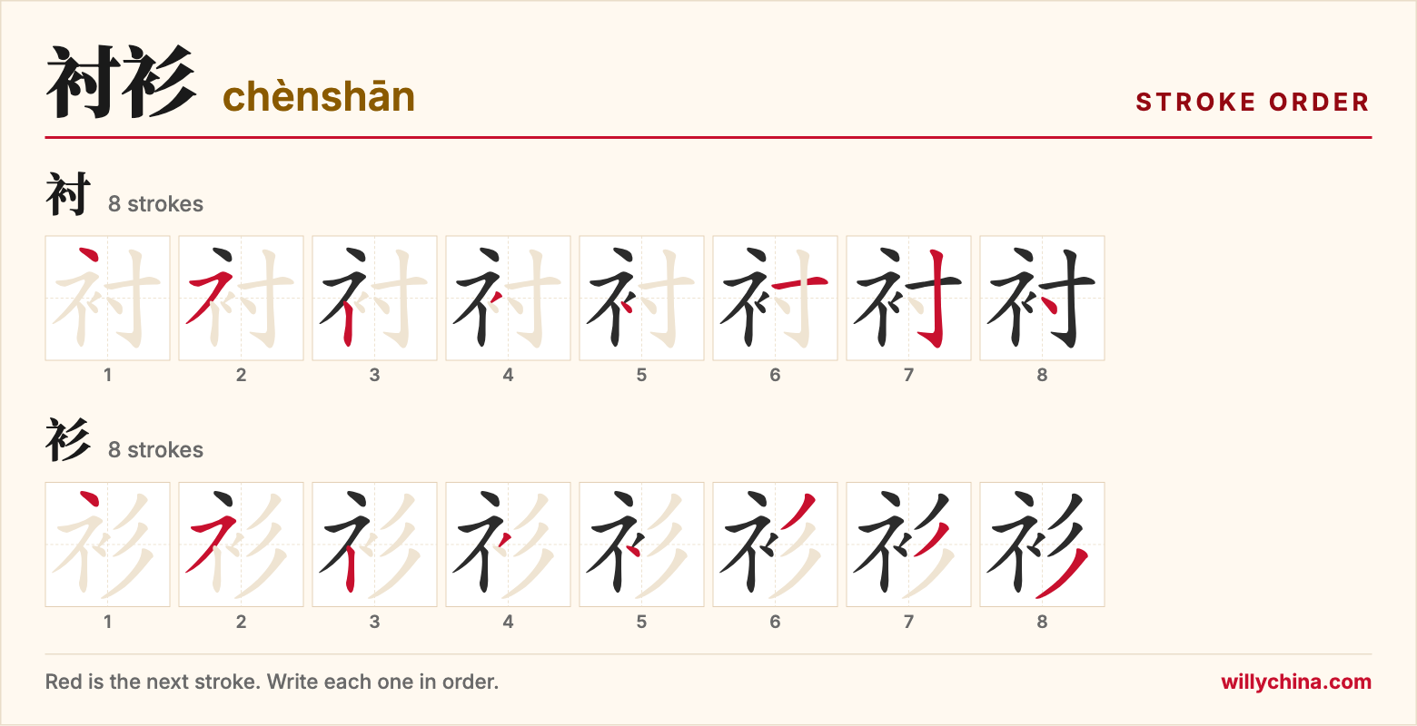 衬衫 (chènshān) stroke order chart: each stroke of the characters in the order you write them
