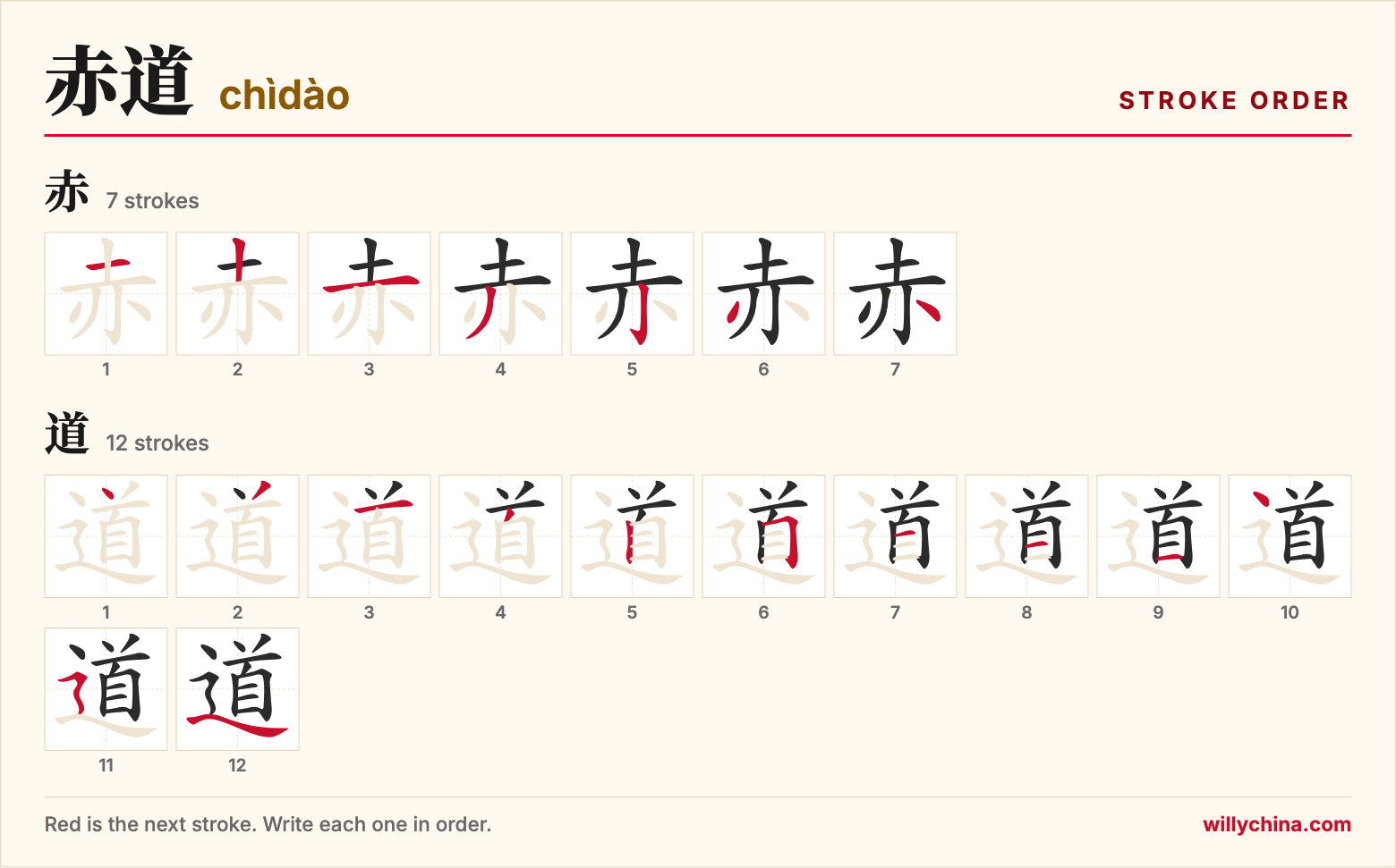 赤道 (chìdào) stroke order chart: each stroke of the characters in the order you write them