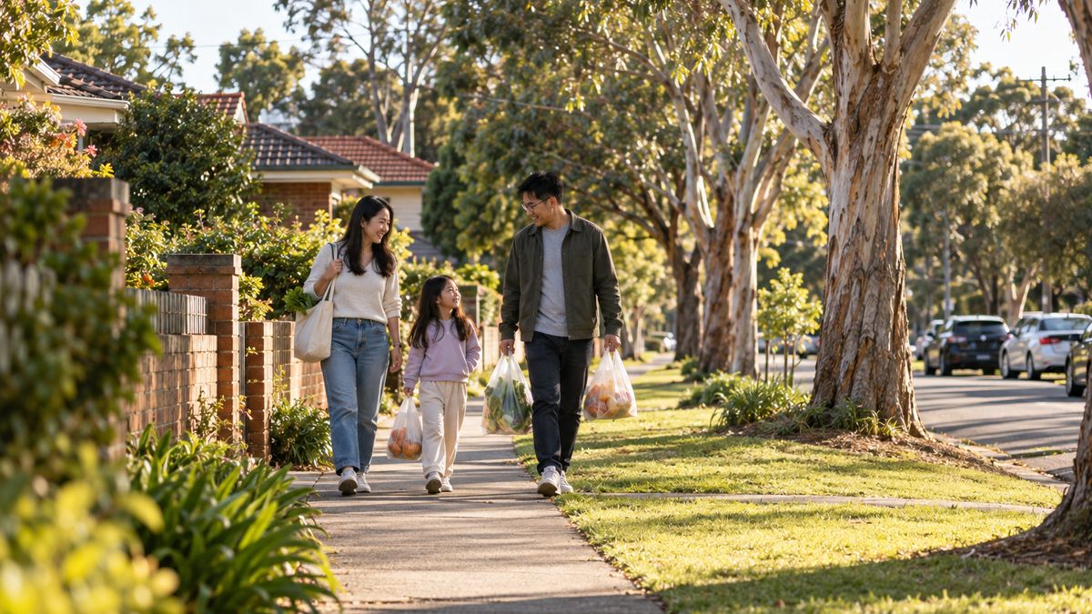 A Chinese Australian family of three walking home with groceries along a suburban street of brick-and-tile houses and gum trees.
