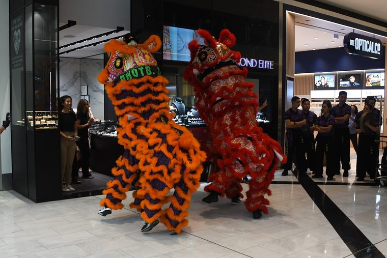 Two lion dancers, one orange and one red, performing for Chinese New Year inside a shopping centre in Chatswood, Sydney.