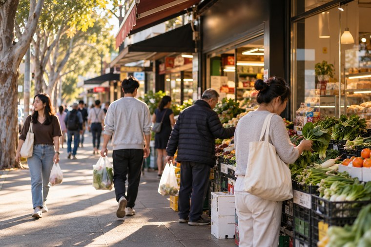 Chinese suburbs of Australia: a suburban shopping strip in late afternoon light, crates of greens and tomatoes on the footpath, shoppers walking past under gum trees.