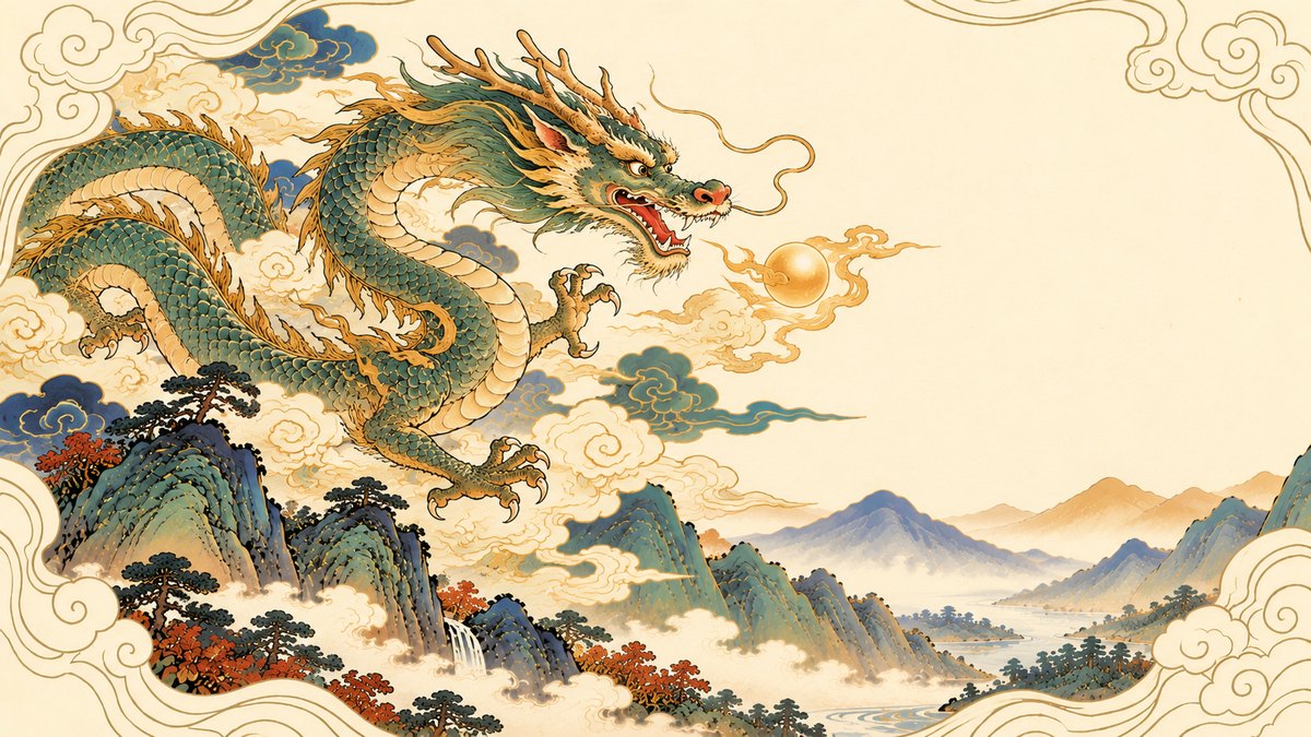 Year of the Dragon illustration: a green and gold Chinese dragon with antler-like horns and long whiskers coils through swirling clouds, reaching for a glowing golden pearl above pine-covered blue-green mountains, a waterfall and a winding river