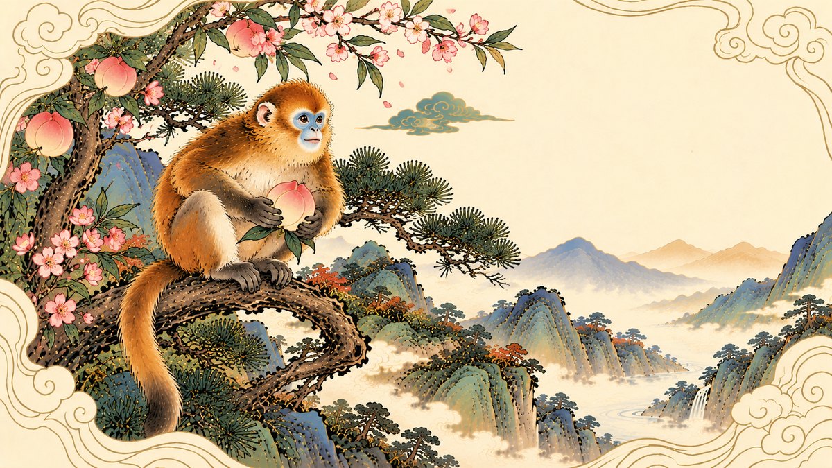 Year of the Monkey illustration: a golden snub-nosed monkey with a pale blue face sits on a gnarled pine branch holding a peach, under a flowering peach tree, with misty green mountains and a waterfall beyond