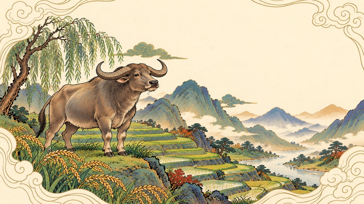 Year of the Ox illustration: a brown water buffalo with long swept-back horns stands on a grassy hillside beside a weeping willow and ripe rice, above green rice terraces and a river winding between misty blue-green mountains
