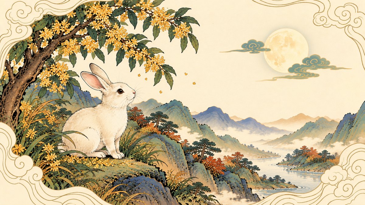 Year of the Rabbit illustration: a white rabbit sits on a grassy hillside beneath a flowering osmanthus tree, gazing up at a full moon over misty mountains and a winding river
