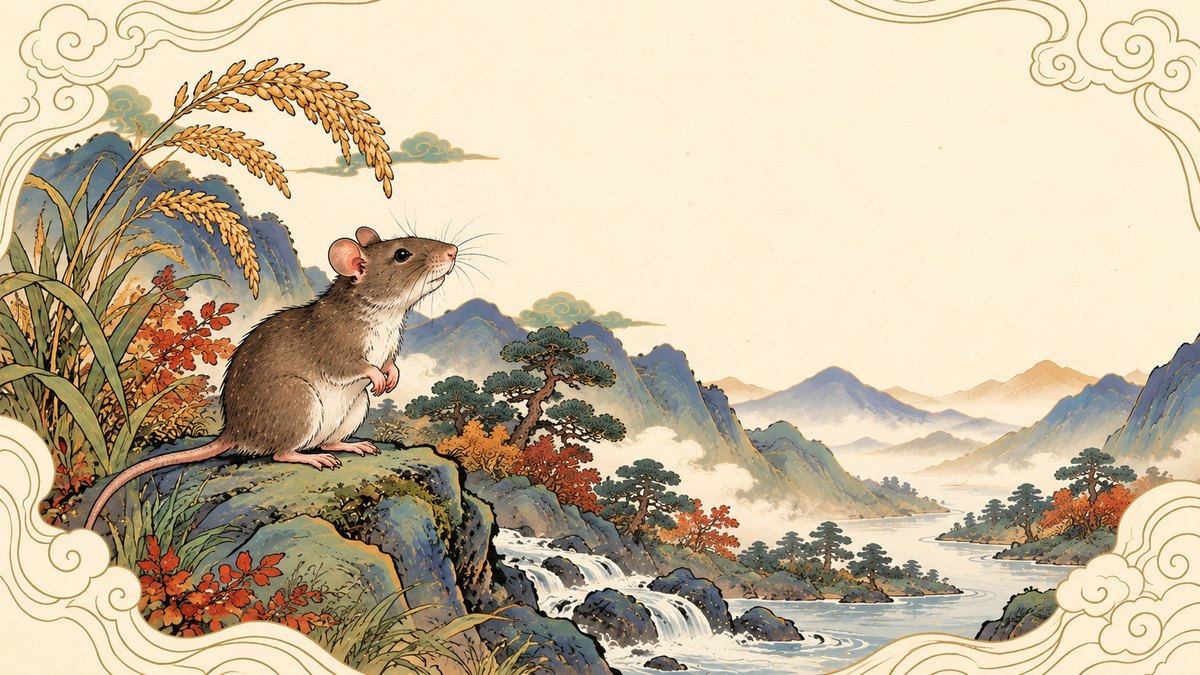 Year of the Rat illustration: a brown rat sits up on a mossy rock beneath drooping ears of golden rice, whiskers raised, looking out over pine-covered mountains, autumn leaves and a waterfall running into a misty river