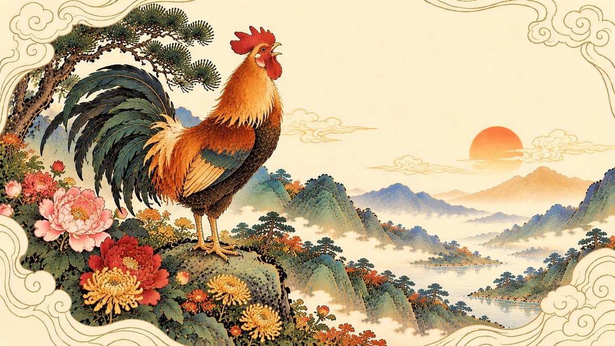 Year of the Rooster illustration: a golden-red rooster with a bright red comb and dark green tail feathers crows from a mossy rock among pink peonies and yellow chrysanthemums, beneath a pine, with the sun rising over misty green mountains and a winding river
