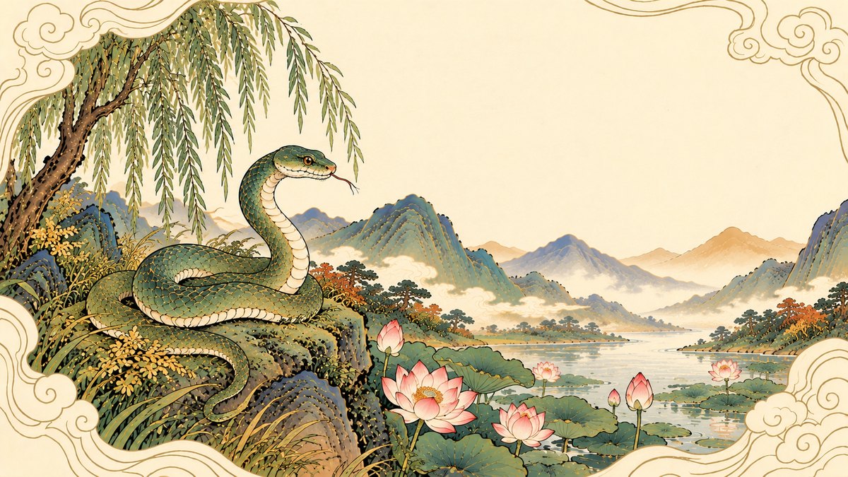 Year of the Snake illustration: a green snake with a pale cream belly coils on a mossy rock beneath a weeping willow, tongue flicking, beside a lake of pink lotus flowers with misty blue-green mountains beyond