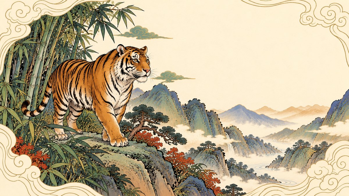 Year of the Tiger illustration: a striped tiger stands on a rocky ledge beside tall bamboo and red autumn leaves, gazing out over misty blue-green mountains and a winding river