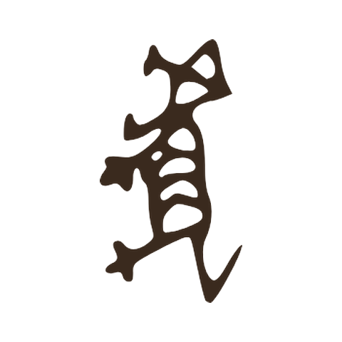Oracle bone form of 虎: a whole tiger drawn standing on end, open jaws at the top, striped body, legs to one side and tail below