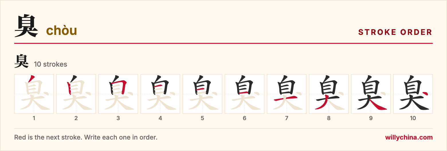 臭 (chòu) stroke order chart: each stroke of the character in the order you write it