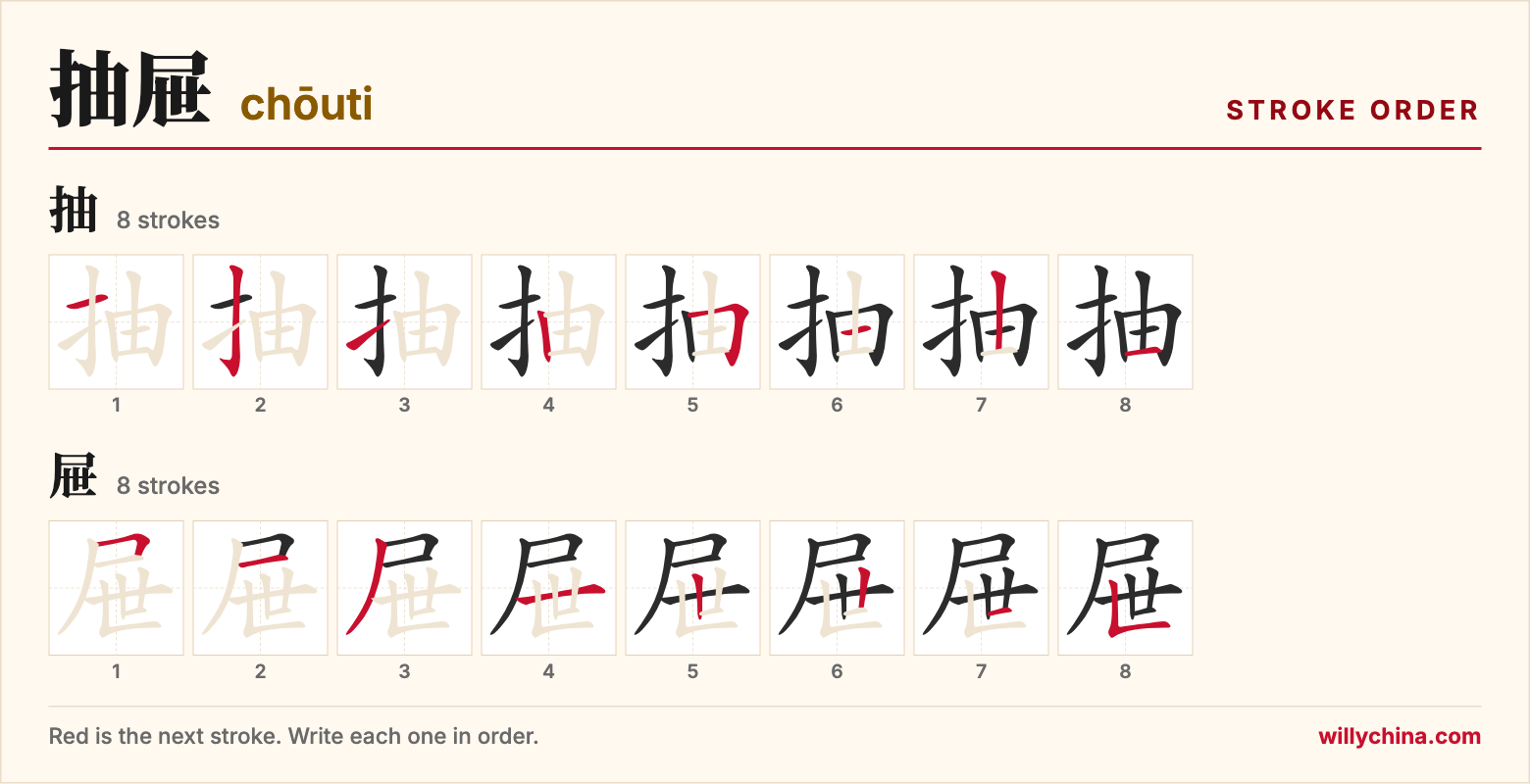 抽屉 (chōuti) stroke order chart: each stroke of the characters in the order you write them