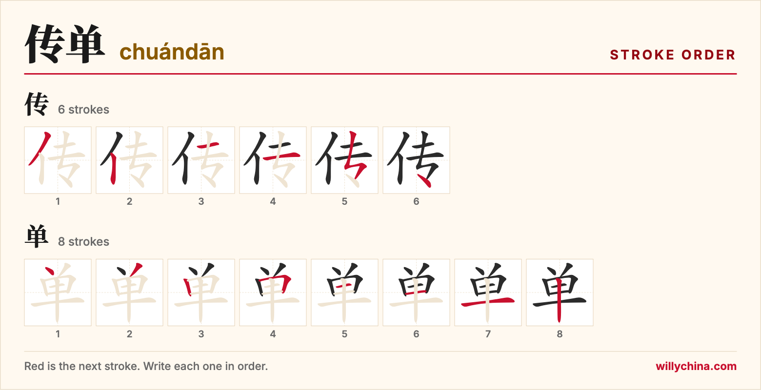 传单 (chuándān) stroke order chart: each stroke of the characters in the order you write them