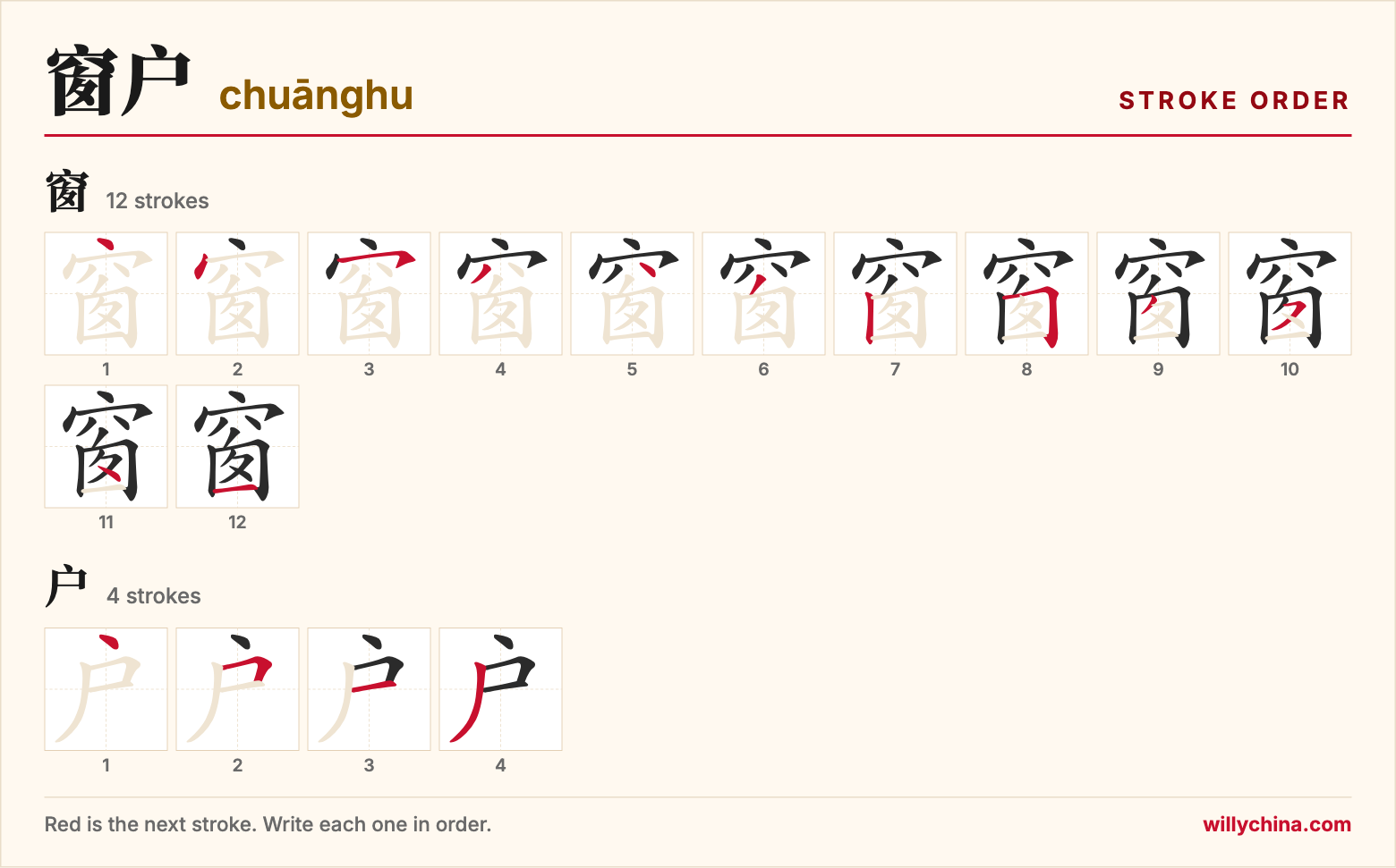 窗户 (chuānghu) stroke order chart: each stroke of the characters in the order you write them