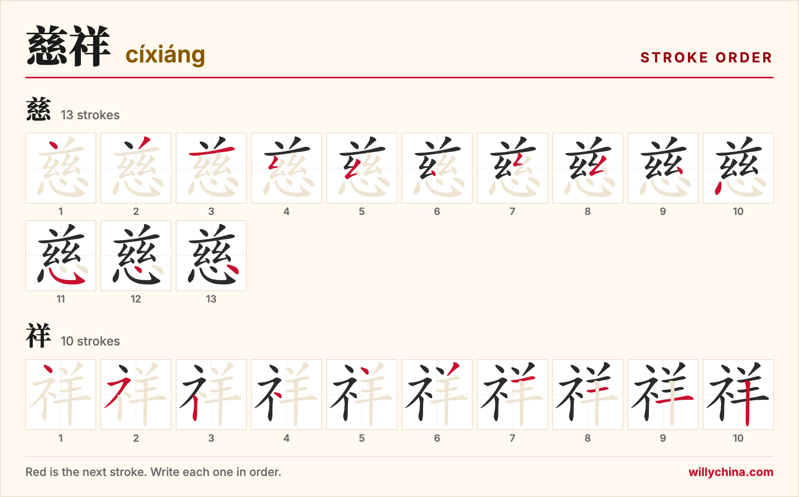 慈祥 (cíxiáng) stroke order chart: each stroke of the characters in the order you write them