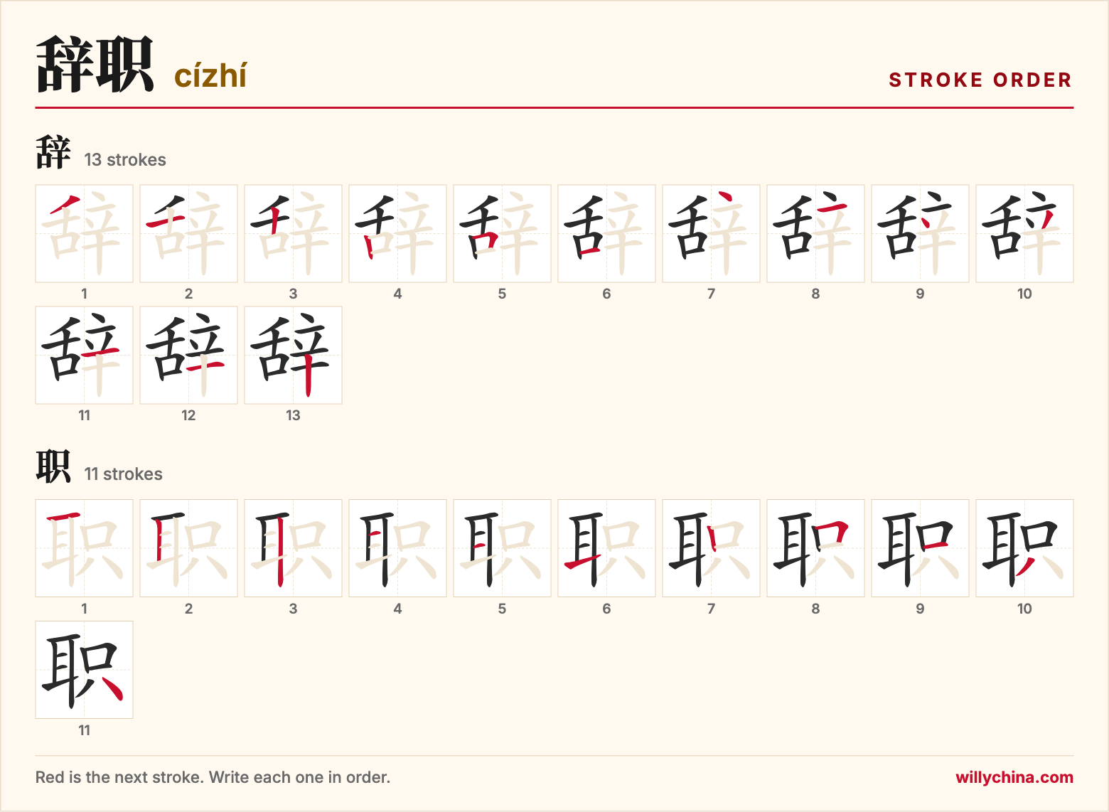 辞职 (cízhí) stroke order chart: each stroke of the characters in the order you write them
